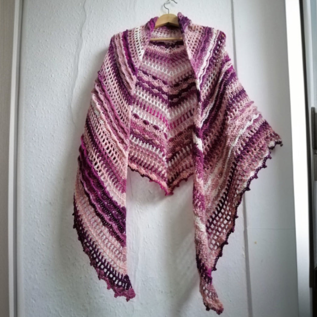 A hand crocheted shawl in lace and shades of white, pink and mauves. This is our 'Antique Rose Crochet Shawl'.