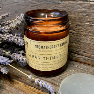 This natural, soy, organic, wax candle is called 'Clear Thinking' and is rosemary scented. In a bronze glass jar it fits any location and lasts up to 40 hours burn time.