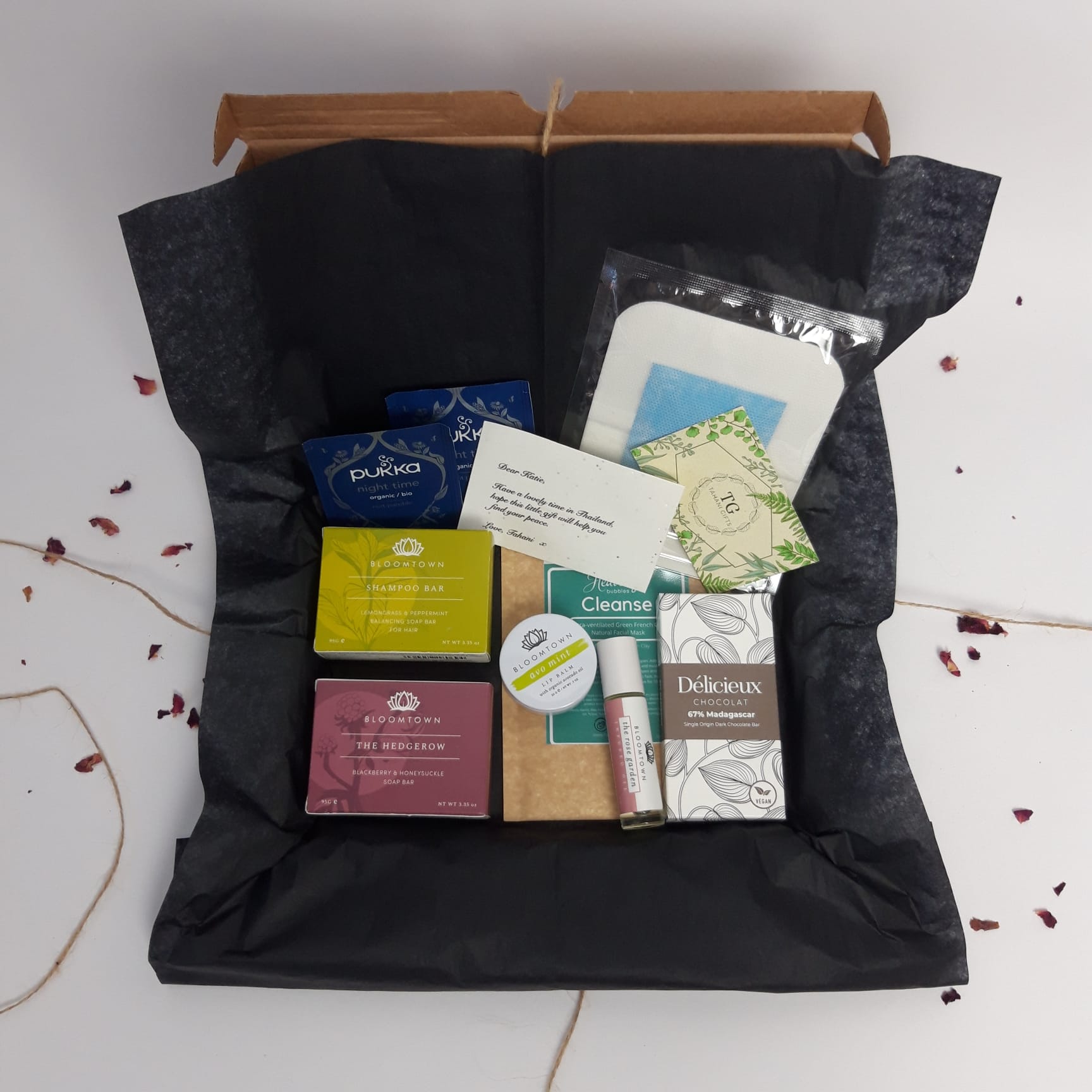Our 'First-Class Wanderlust' is the essential gift to have when travelling. Includes our organic, handcrafted soap, shampoo bar, lip balm, scented roll on infuse, face mask, teas, and chocolate. 