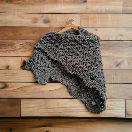 A handcrafted shawl called 'Grey Lady Crochet Shawl', ready to be delivered to any door in the UK.
