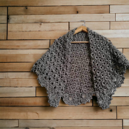 A full photo of our handmade 'Grey Lady Crochet Shawl', crafted with care and available for UK delivery.