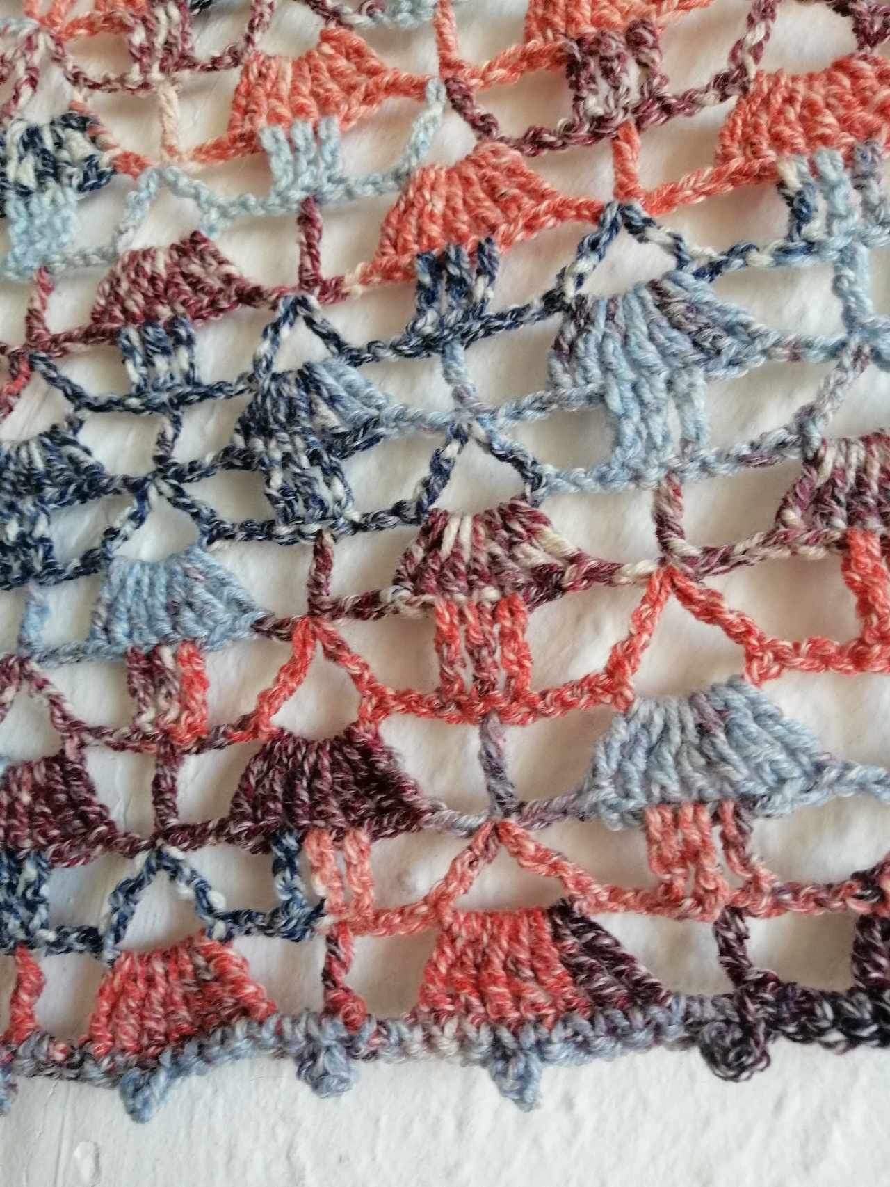 Close-up image of our 'Maryland Crochet Shawl' where you can see the variety of colours and the pattern used.