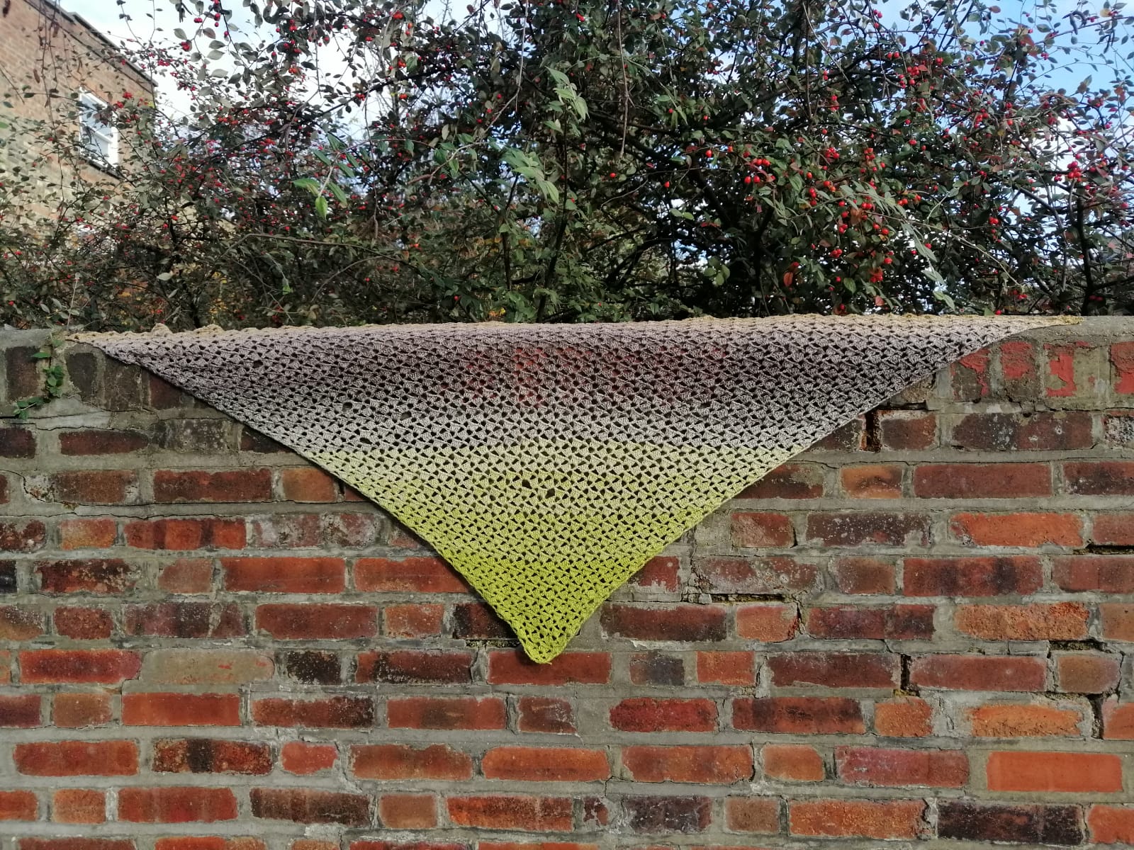 Image of the full width of our 'Mossy Stone Crochet Shawl'. A perfect gift for yourself or loved one.