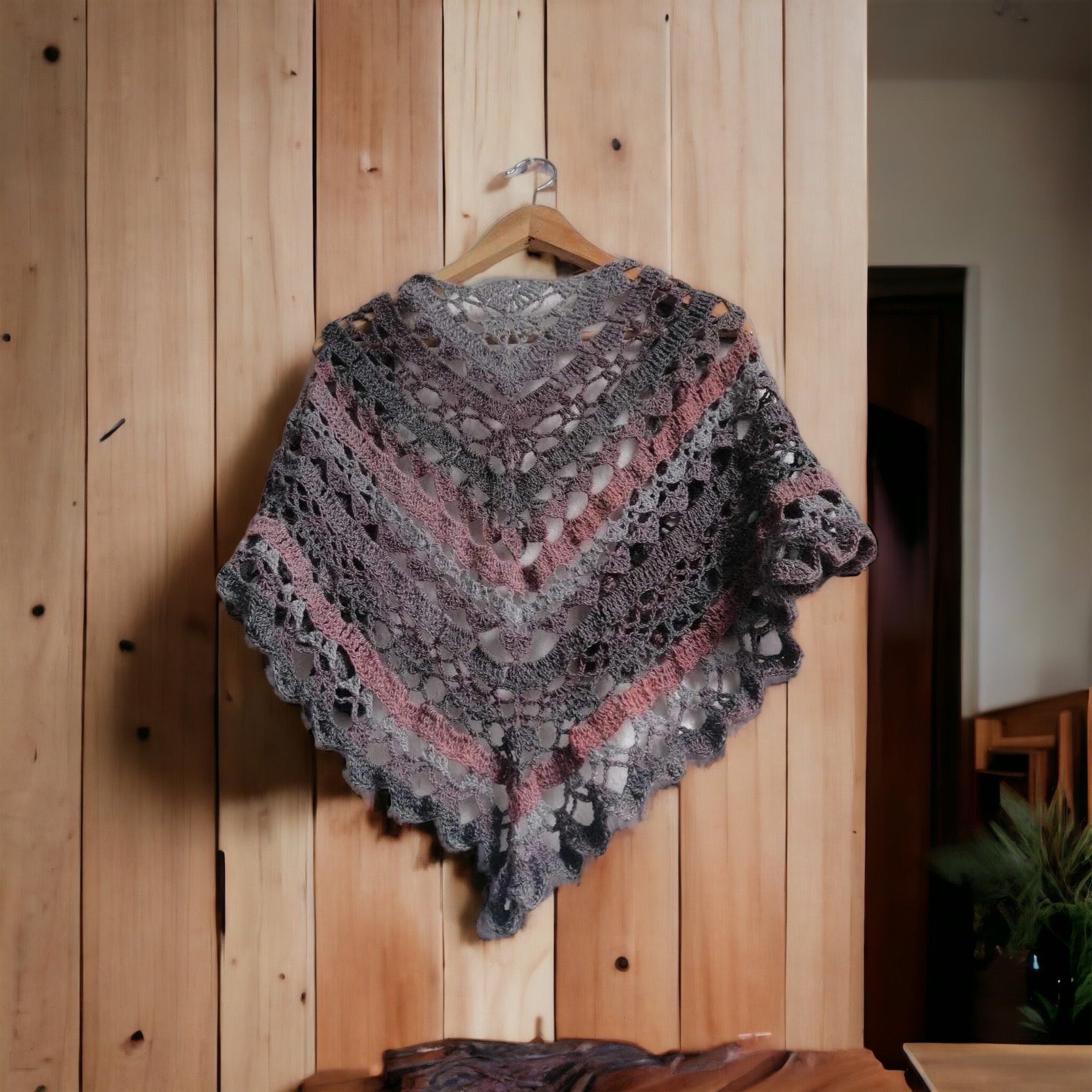 Shown is our 'Nightfall Crochet Shawl' in full scale, where you can see the pattern and evening style colours.