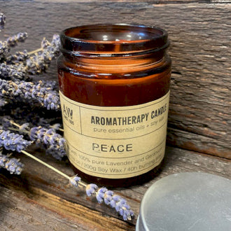 This natural, soy, organic, wax candle is called 'Peace' and is lavender and geranium scented. In a bronze glass jar it fits any location and lasts up to 40 hours burn time.