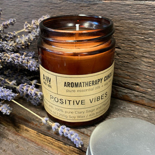 This natural, soy, organic, wax candle is called 'Positive Vibes' and is peppermint and clary sage scented. In a bronze glass jar it fits any location and lasts up to 40 hours burn time.