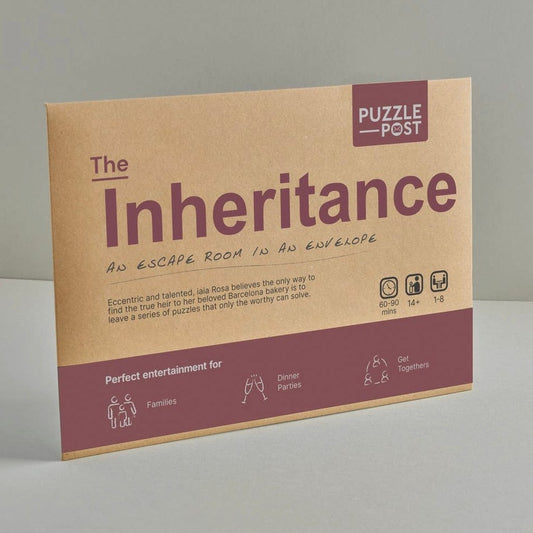 'The Inheritance' is an escape room puzzle in an envelope, it can be played from the comfort of your own home among family and friends. The puzzle is a natural, card brown colour, it's roughly A4 sized, the title is in a maroon burgundy colour, whilst the rest alternates between black and white on the same maroon colour background.