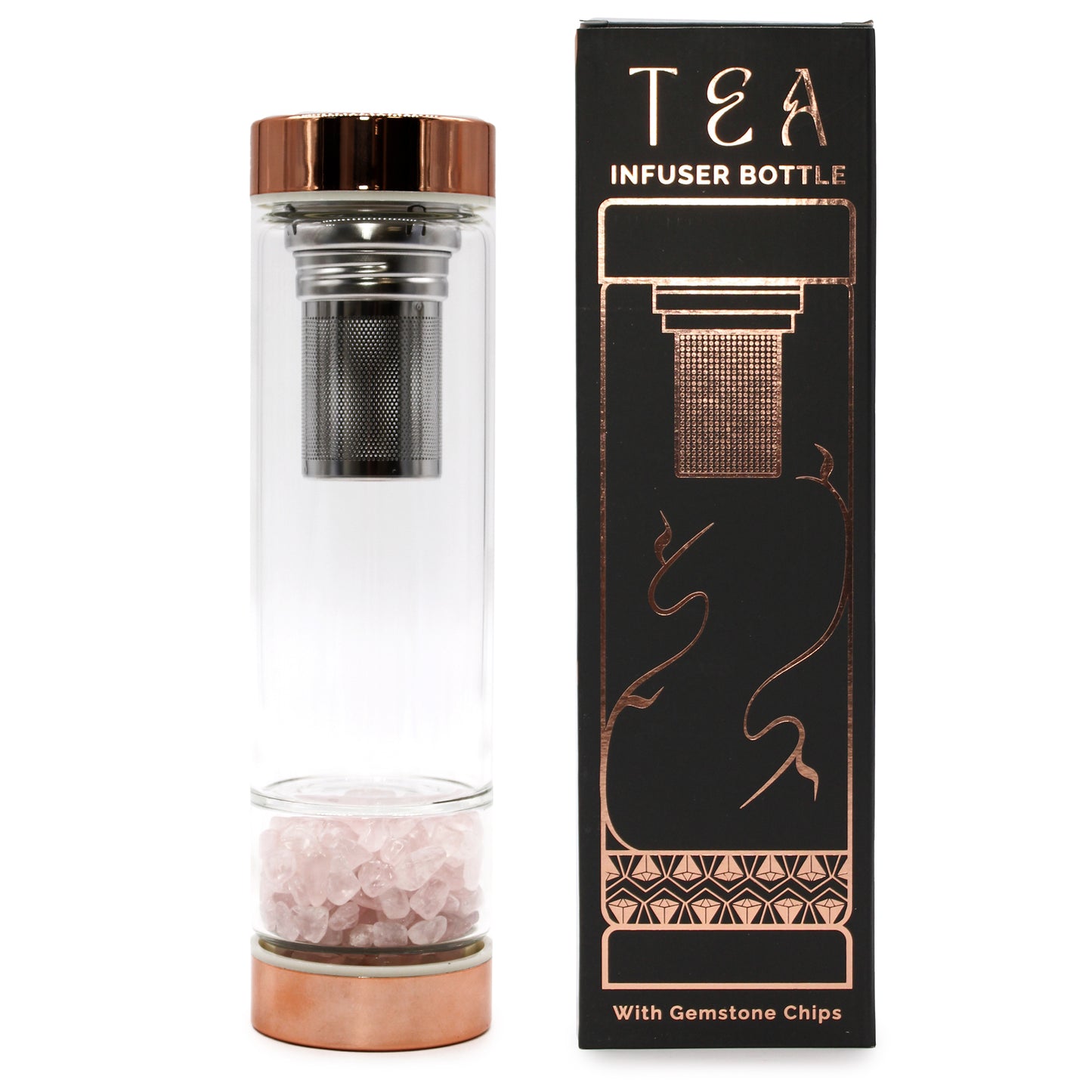 A full side view of our glass Infuser Bottle for Tea, at the bottom is one of the variety of gem stones on offer which help purify and heal.